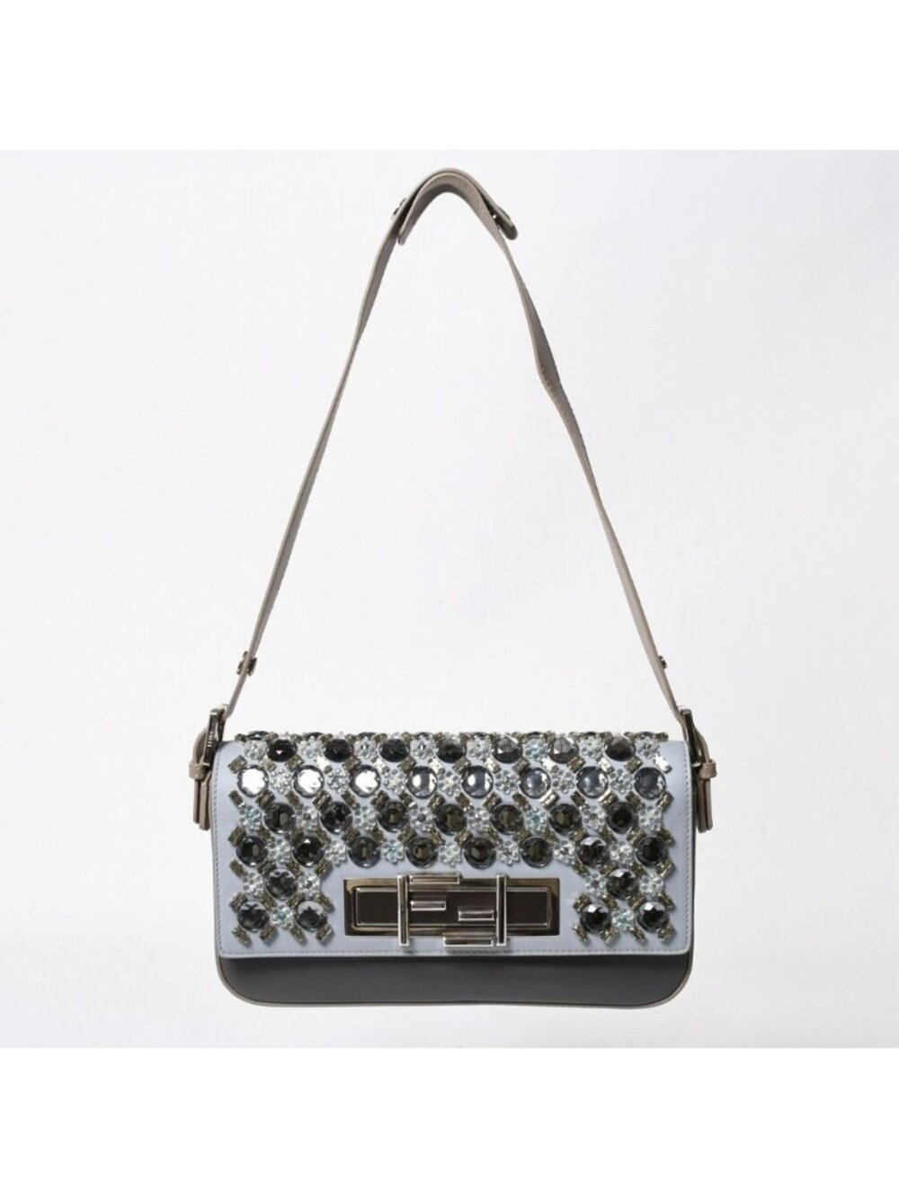 Fendi Shoulder Bag Bucket Bijou Rhinestone Leather Gray Silver